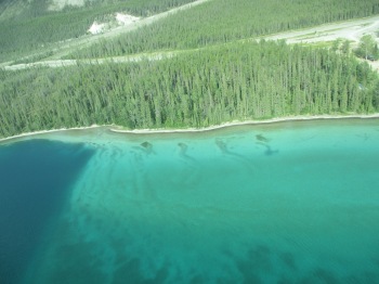 An arial view of Muncho Lake